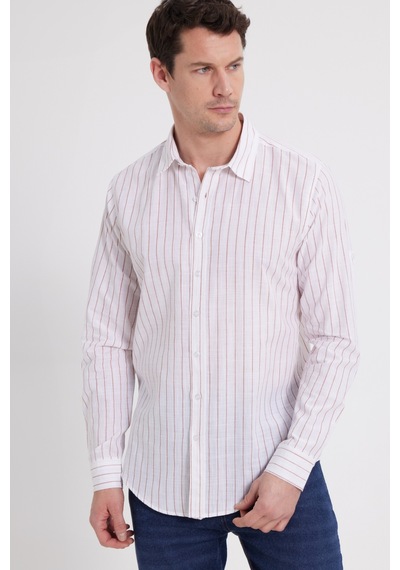 Tudors Erkek Slim Fit Dar Kesim Uzun Kollu %100 Pamuk Keten Doku Çizgili Gömlek-42653 Beyaz