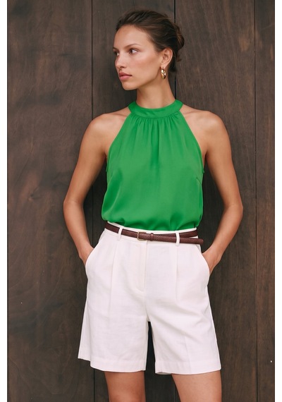 Sateen Halter Yaka Bluz - Yeşil-137729