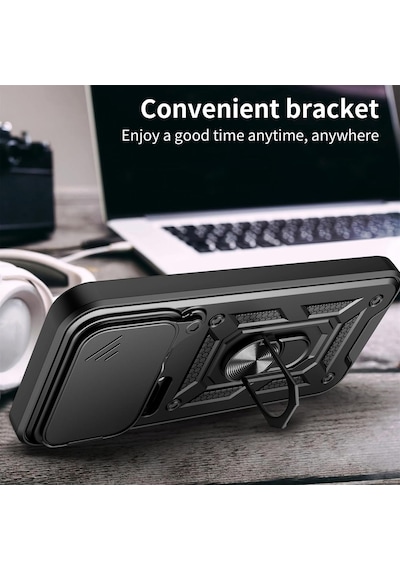 Xiaomi 17 Pro Max İle Uyumlu Kılıf Magnetik Standlı Kamera Korumalı Sürgülü Kapak Siyah