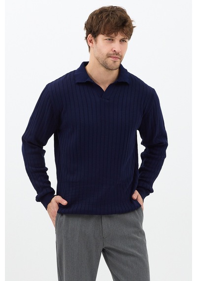 Erkek Lacivert Slim Fit Uzun Kollu Polo Yaka Triko Kazak Lacivert