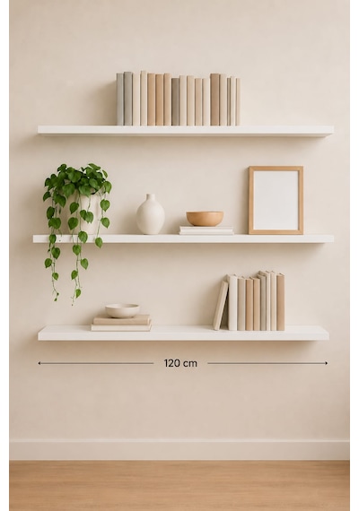 Yankı-byeg 120 Cm 3lü Mat Beyaz Mdf Gizli Montaj Ahşap Duvar Rafı Uçan Raf Kitaplık