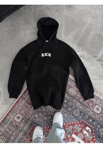 Uzun Kol Kapşonlu Göğüs Baskılı Sweatshirt - Siyah Siyah