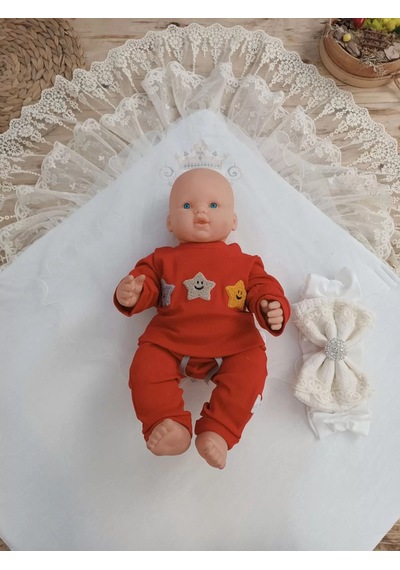 Yenidoğan Teri Cotton Taç Nakışlı Prizma Taş Kundak Bebek Battaniyesi Krem Çok Renkli