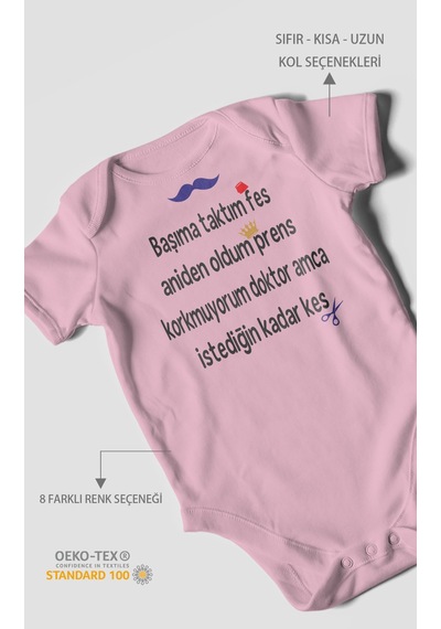 Korkmuyorum Doktor Amca İstediğin Kadar Kes Baskılı Bebek Zıbını %100 Pamuk Kısa Kol Koyu Pembe