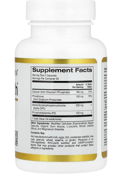 California Gold Nutrition Brain Health Alpha Glycerophosphorylcholine Memory Cognitive Calcium Phosphatidylserine 60 Veggie Caps