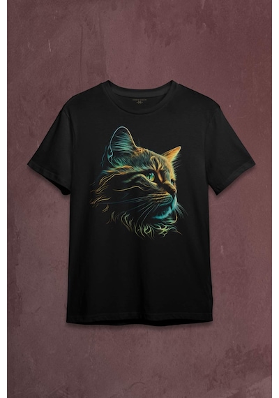 Bıyıklı Kedi Minimal Çizim 3d Efektli Realist Siyah Baskılı Tişört Unisex T-shirt 001