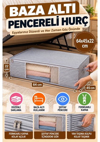 Gri Çizgili Baza Altı Pencereli Hurç 64x45x22 Cm Yorgan Battaniye Kıyafet Saklama Düzenleyici Kutusu