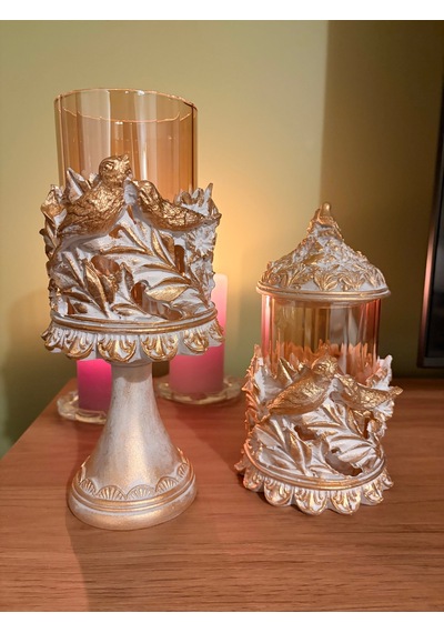 Kuşlu Ayaklı Ve Kapaklı Dekoratif Cam Mumluk & Şekerlik Seti Beyaz Altın Varak Eskitme 2'li Şamdan & Kavanoz 27x12 Cm & 23x12 Cm Çok Renkli 86905866