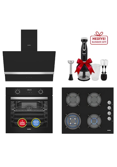 Simfer 0+9 Fonksiyon Airfry Dijital 3'lü Ankastre Set 8215 Fırın + 3508 Ocak + 8738 Davlumbaz Siyah
