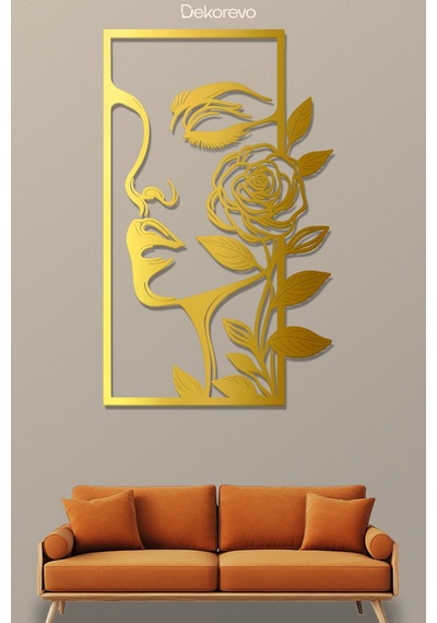 Kadın Ve Gül Metal Duvar Tablosu - Metal Duvar Sanatı - Altın - 50 X 75 Cm