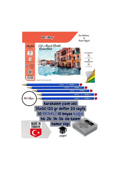 Karakalem Çizim Seti 35x50 120 Gr Defter 20 Sayfa 10 Renkli 10 Beyaz Kağıt Hb-2b-3b-5b-6b Kalem Çok Renkli