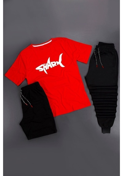 Uyguntarz Unisex 3'lü Tshirt Short Eşofman Altı Takım Kırmızı