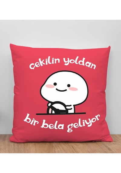 Bk Gift Bir Bela Geliyor Tasarımlı Kırmızı Kırlent Yastık, Arkadaşa Hediye, Ev Dekorasyonu, Ev Hediyesi-1