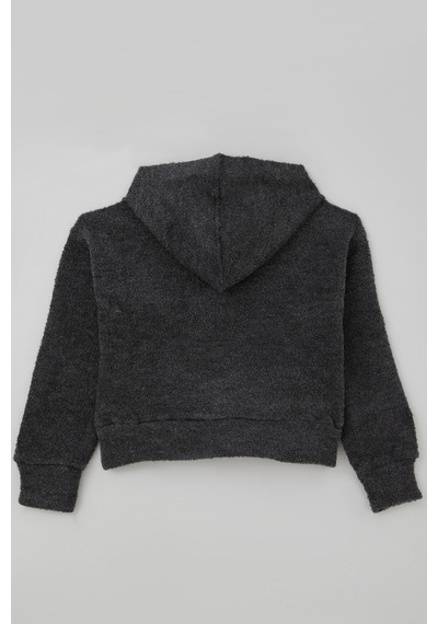 Orko Kız Çocuk Peluş Crop Hırka Kapüşonlu Fermuarlı 10-16 Yaş , Füme Melanj