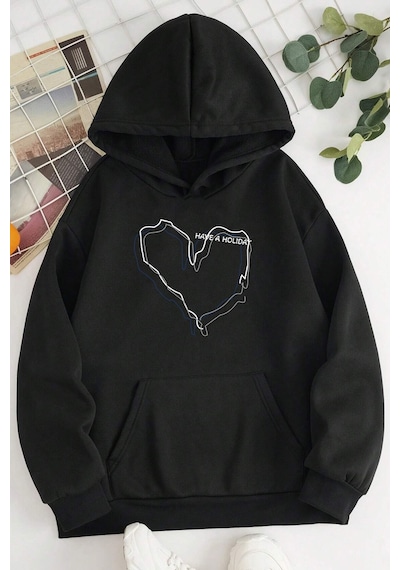 Unisex Oversize Holiday Baskılı Sweatshirt Siyah
