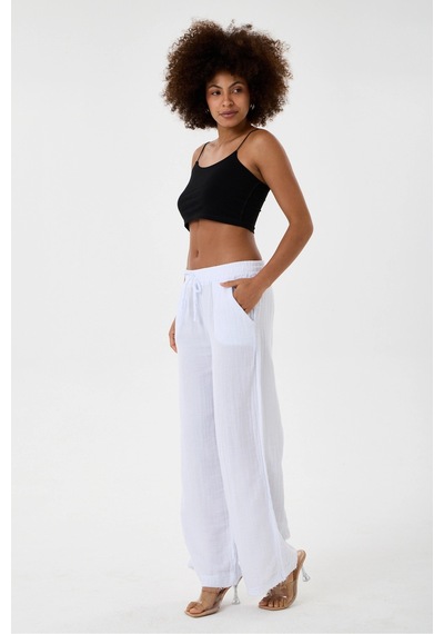 Dıanna Kadın Beli Lastikli Wide Leg Müslin Pantolon %100 Pamuk Geniş Bol Paça Rahat Ofis & Günlük Stil Beyaz