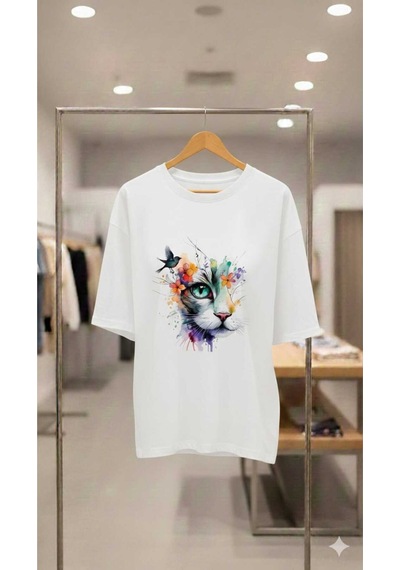 Kedi Baskılı Kuş Detaylı Oversıze T-shirt Beyaz