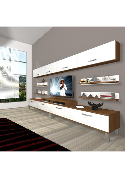 Decoraktiv Ekoflex 360y Slm Krom Ayaklı Tv Ünitesi Tv Sehpası Ceviz - Beyaz