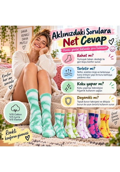 Unisex Batik Desenli Çorap 5 Li Set Renkli Pamuklu Uzun Soket Dikişsiz Nefes Alan Günlük Spor Çorabı Çok  Renkli