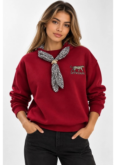 Mevese Bisiklet Yaka Nakışlı Kadın Sweatshirt - Üç İplik Şardonlu Oversize Şık Tasarım - Bordo Mevese Bisiklet Yaka Nakışlı Kadın Sweatshirt - Üç İplik Şardonlu Oversize Şık Tasarım - Bordo