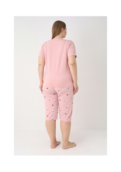 Estiva Kadın Kalp Alt Desenli Pembe Kısa Kollu Kaprili Soft Battal Pijama Takımı Çok renkli