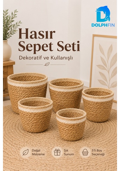 5 Li Hasır Sepet Seti Çok Amaçlı Dekoratif Düzenleyici Organizer Saksı Kılıfı
