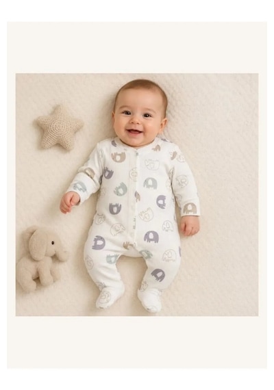 Ferasty İstanbul Unisex Bebek Tulum Fil Desenli Ekru