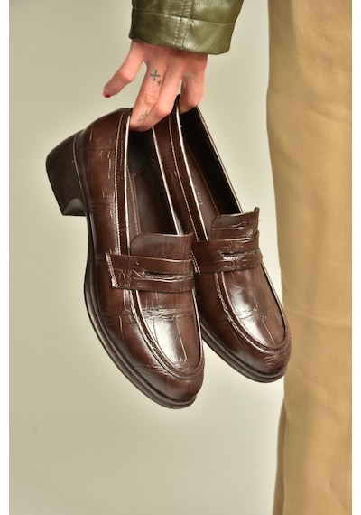 Fox Shoes Z820066211 Kahverengi Kroko Baskılı Kalın Topuklu Loafer Ayakkabı