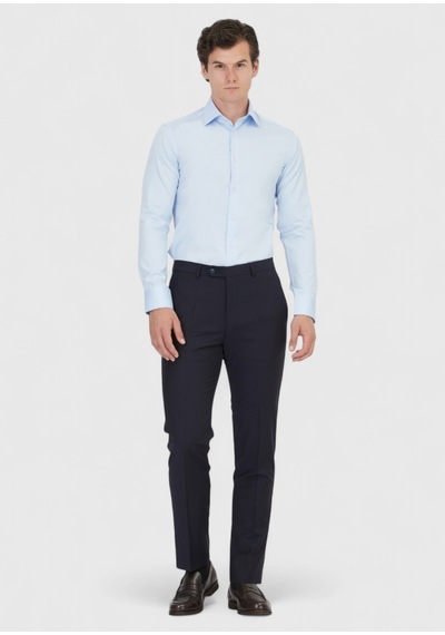 Ramsey Koyu Mavi Düz Slim Fit Uzun Dokuma Klasik %100 Pamuk Gömlek