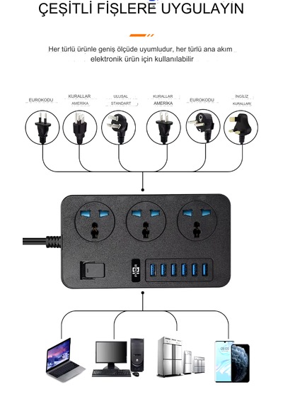 Kontrol Anahtarlı Güç Kaynağı Kartı 3-ac Ve 6 Usb Şarj Portlu