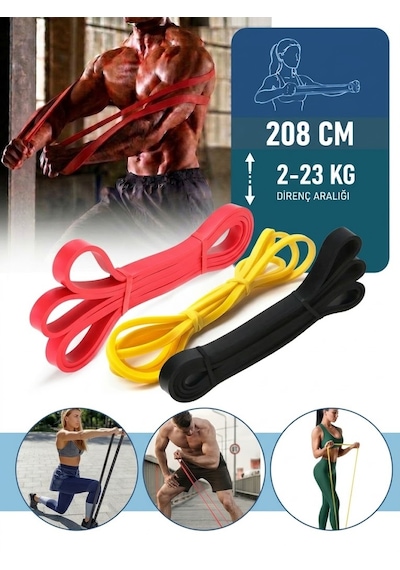 3'lü Set 208 Cm Direnç Lastiği Sarı Hafif - Kırmızı Orta - Siyah Sert Sarı - Kırmızı - Siyah