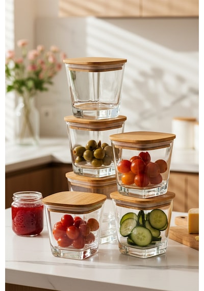 Elite - 6'lı Bambu Kapaklı Vakumlu Cam Kahvaltılık Çok Amaçlı Cam Çerezlik 300 Ml Şeffaf