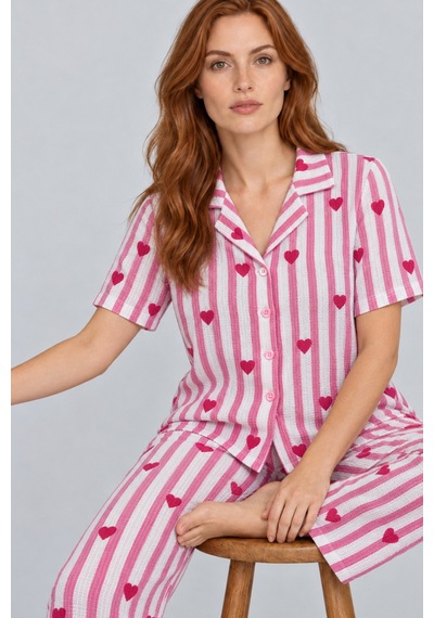 Fit Women Kadın Rahat Kalıp Gömlek Yaka Pembe Kalpli Pijama Takımı 4769
