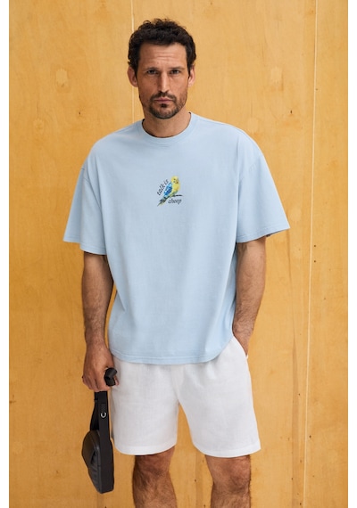 Grımelange Samantho Erkek Yumuşak Ve Organik Pamuklu Yıkamalı Baskı Detaylı Mavi T-shirt