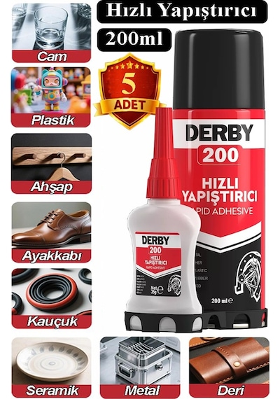 Derby Hızlı Yapıştırıcı Seti 200 Ml 5 Adet Ahşap Ve Plastik Yüzeyler İçin Yüksek Yapıştırma Gücü Düşük Viskozite 200 Ml