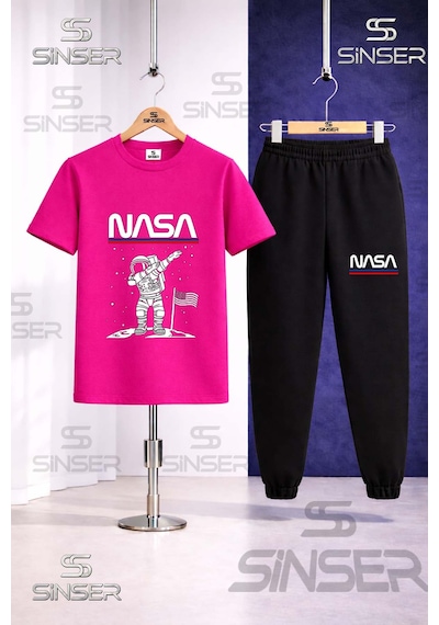 Ss Sinser Çocuk Astronot Beyz Ust Nasa Yazı Baskılı Tişort Eşofman Takımı Pembe - Siyah