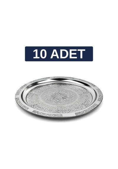Binbir Trend 27 Cm Otantik Desenli Krom Çelik Kebap, Izgara, Meze Ve Servis Tabağı 10 Adet