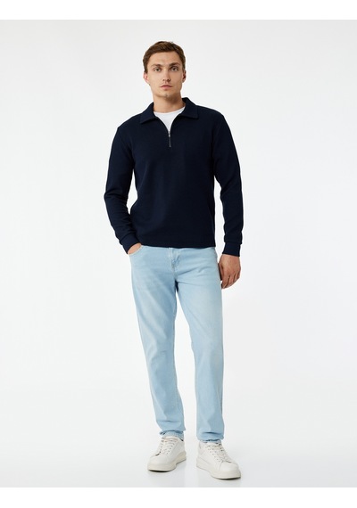 Koton Uzun Kollu Yarım Fermuarlı Polo Yaka Sweatshirt Lacivert 7wam70010mk
