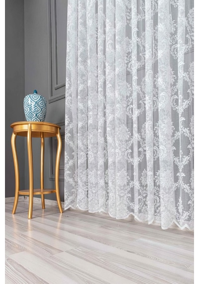 Caserta Damask Dantel Çiçek Desen Beyaz Düz Örme Tül Perde 1.sınıf Kalite Beyaz - Ekru