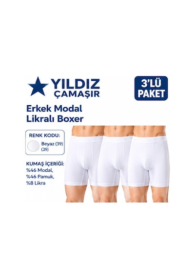 Yıldız Çamaşır Erkek Modal Likralı Boxer 36-37-38-39-40-41-42 - 3 Adet Beyaz