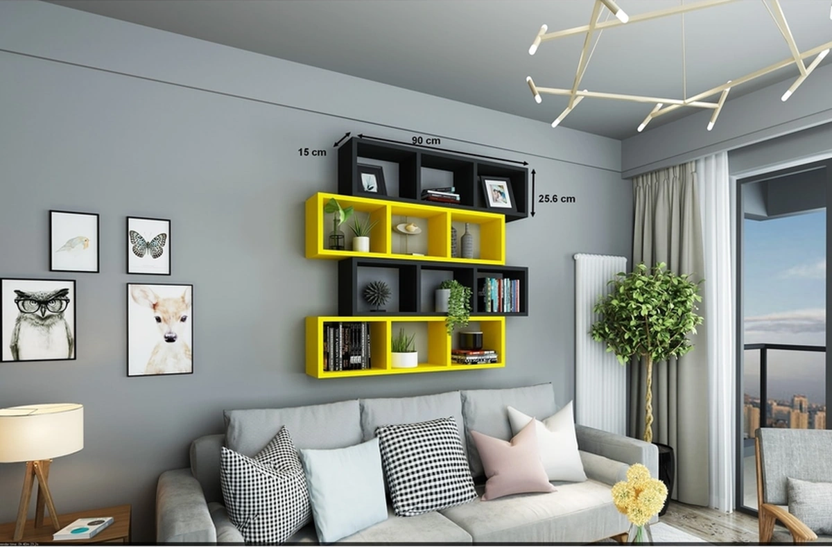Kitaplık Lux Yatay Duvar Rafı Sarı Siyah 4 Lü Takım Sarı Siyah