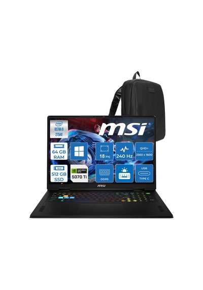 MSI Raider 18 HX A2WH-1094XTR-ZWH25 Ultra 9 275HX 64 GB 512 GB SSD RTX5070Ti 18" W11H Dizüstü Bilgisayar +Çanta