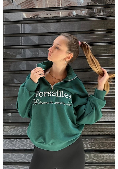 Madmext Yeşil Yarım Fermuarlı Baskılı Sweatshirt Mg2240 Yeşil
