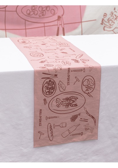Huglovekiss Lobster&friends - %100 Keten Özel Tasarım Runner Pembe Pembe