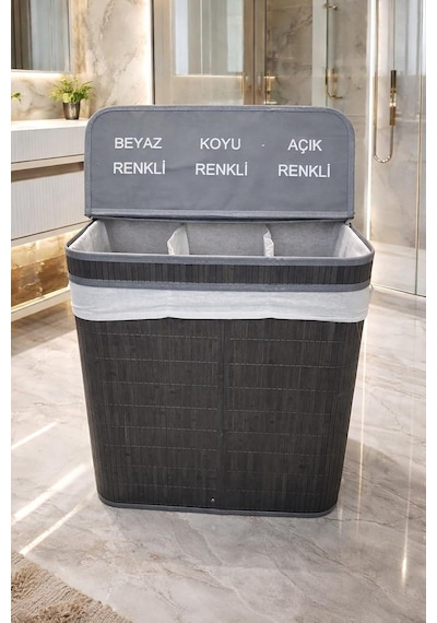 Lüks Bambu 3 Bölmeli Çamaşır Kirli Sepeti 52x32x60cm Büyük Boy 100 Lt Antrasit Diğer