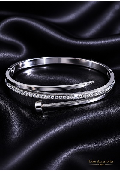 Stainless Steel Gümüş Taşlı Kelepçeli Çelik Bileklik
