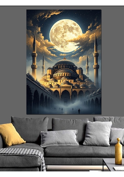 Ahşap Tablo Dolunay Altında Tarihi Camii Silüeti