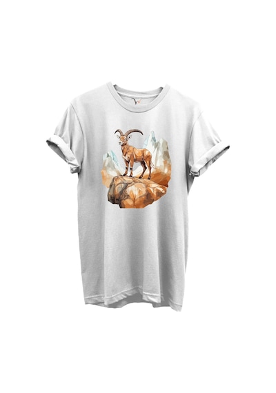 Dağ Keçisi Tasarımlı Avcılık Konseptli %100 Pamuk Regular Fit Bisiklet Yaka Unisex T-shirt Beyaz