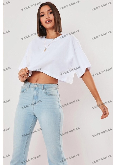 Tarzsokak Beyaz %100 Pamuk Bisiklet Yaka Oversize Crop Siyah