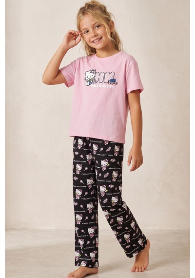 Siyah İnci Hello Kitty Lisanslı %100 Pembe Çok Renkli Bisklet Yaka Pijama Takım 26120461